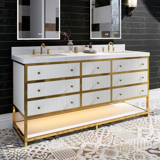 Brillare 72" LED Bath Vanity With Sink,Cultured Marble Top,White,Solid Oak Build,Soft-Close Hinges,8 in fuaucet holes