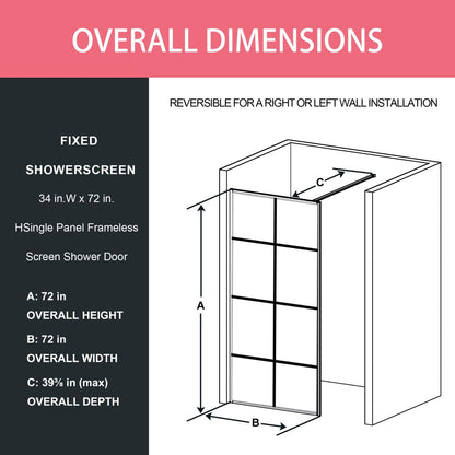 Haven 34" X 72" Black Shower Door Clear Tempered Glass Framed Shower Screen Walk-in,Corner shower door