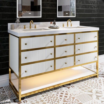 Brillare 60" LED Bath Vanity With Sink,Cultured Marble Top,White,Solid Oak Build,Soft-Close Hinges,8 in fuaucet holes