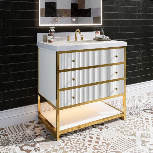 Brillare 36" LED Bath Vanity With Sink,Cultured Marble Top,White,Solid Oak Build,Soft-Close Hinges,8 in fuaucet holes