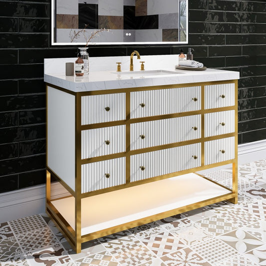 Brillare 48" LED Bath Vanity With Sink,Cultured Marble Top,White,Solid Oak Build,Soft-Close Hinges,8 in fuaucet holes