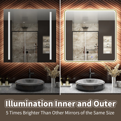 Lumina 30" W x 36" H LED Lighted Bathroom Mirror,High Illuminate, Inner & Outer Lighting,Anti-Fog, Dimmable,Black Golden with Rounded Corners