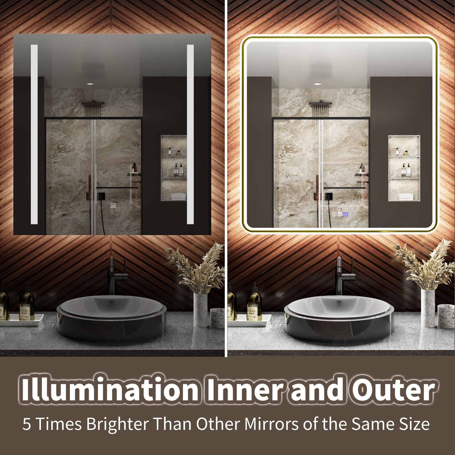 Lumina 48" W x 30" H LED Lighted Bathroom Mirror,High Illuminate, Inner & Outer Lighting,Anti-Fog, Dimmable, Golden Frame with Rounded Corners