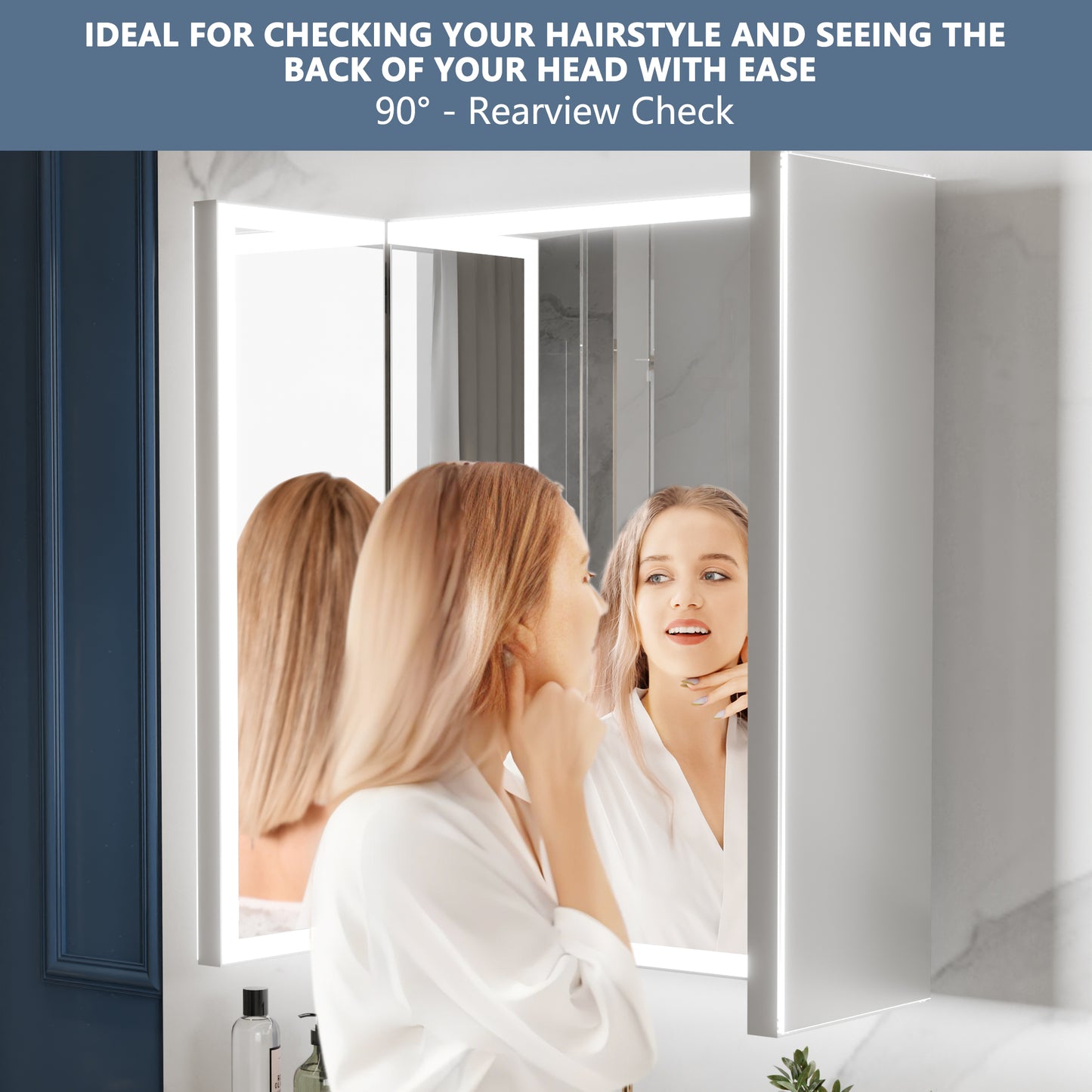 TriFold 54" W x 36" H LED Lighted Tri-Fold Bathroom Mirror, Front & Back Lighting, with Movable 10X Magnifying Mirror