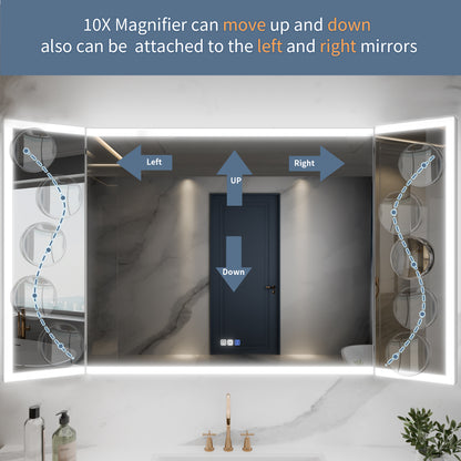 TriFold 66" W x 36" H LED Lighted Tri-Fold Bathroom Mirror, Front & Back Lighting, with Movable 10X Magnifying Mirror