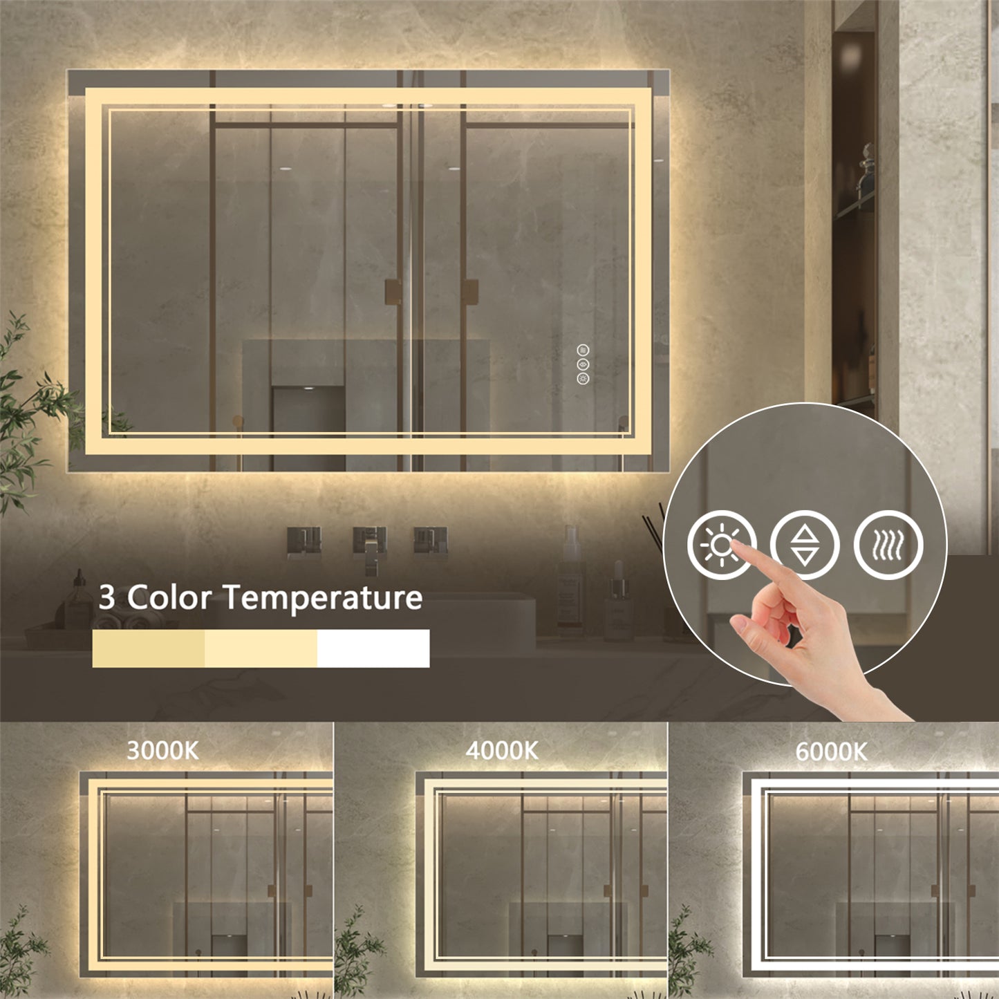 Linea 48" W x 32" H LED Heated Bathroom Mirror,Anti Fog,Dimmable,Front-Lighted and Backlit, Tempered Glass