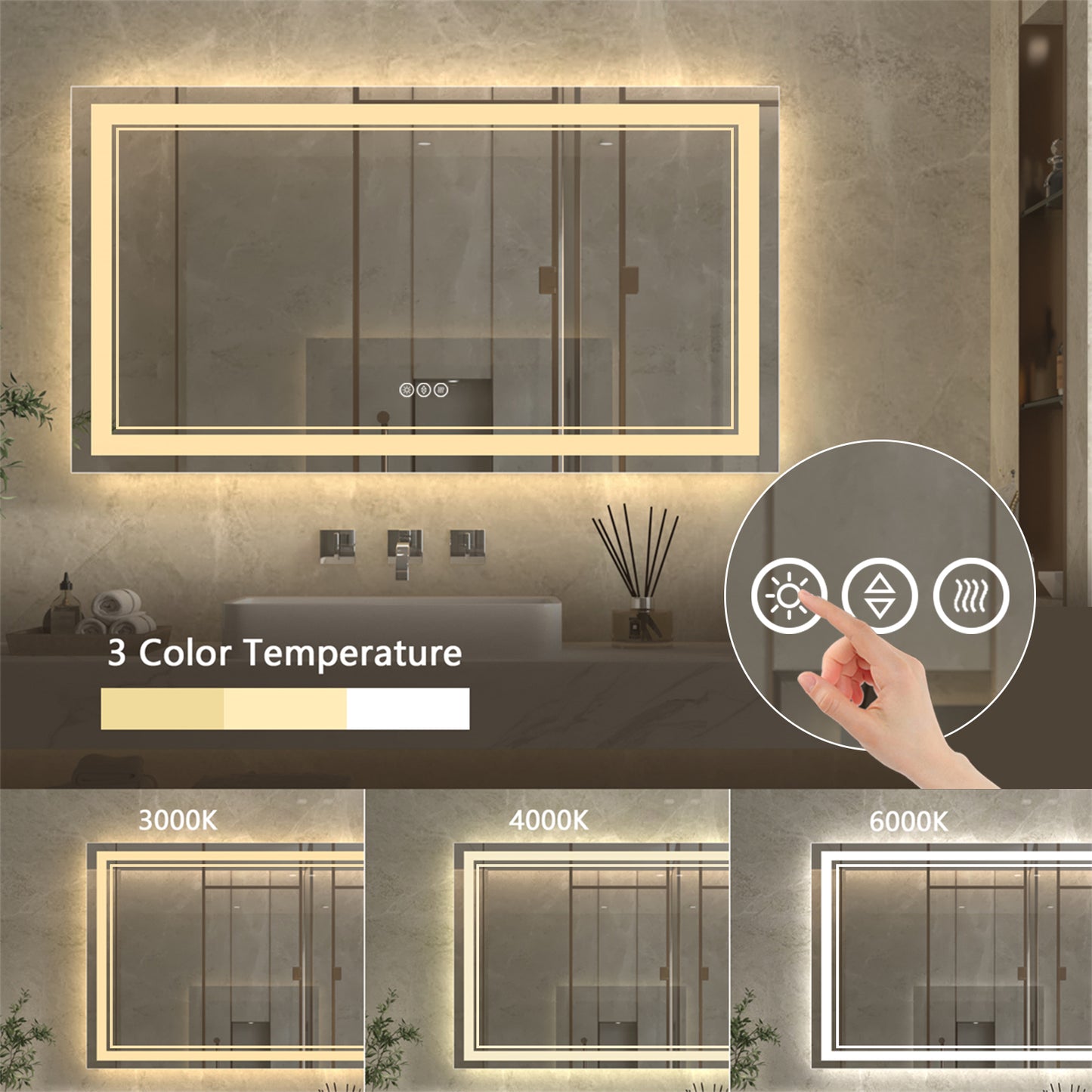 Linea 55" W x 30" H LED Heated Bathroom Mirror,Anti Fog,Dimmable,Front-Lighted and Backlit, Tempered Glass