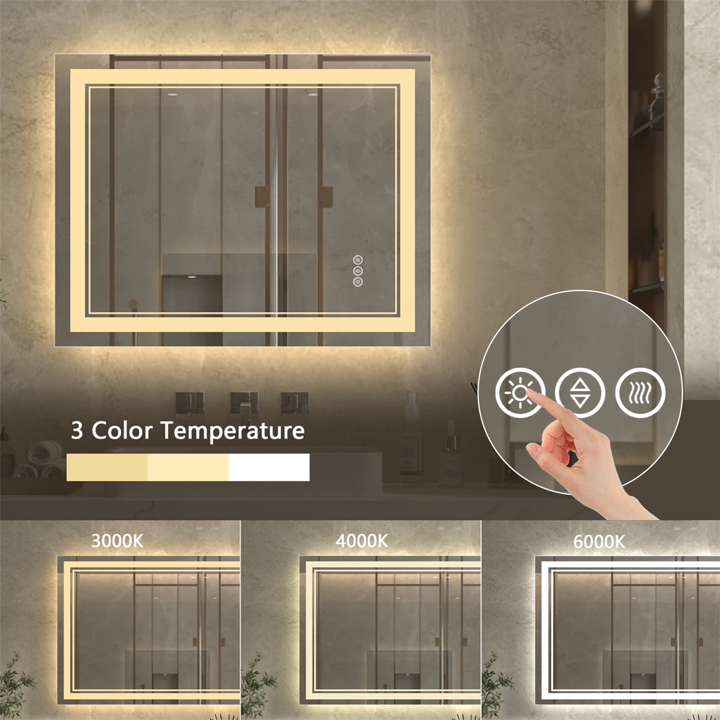 Linea 28" W x 36" H LED Heated Bathroom Mirror,Anti Fog,Dimmable,Front-Lighted and Backlit, Tempered Glass