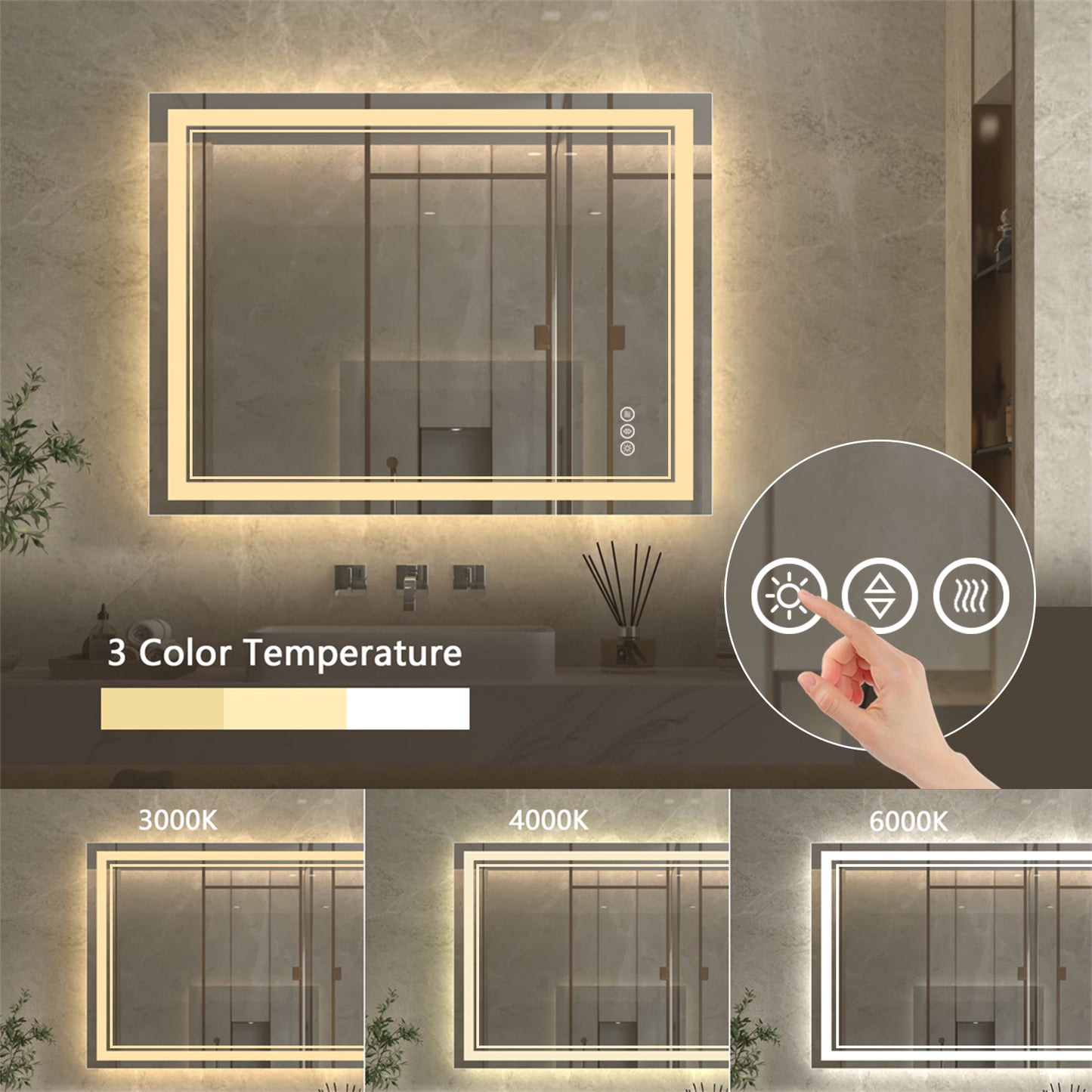 Linea 48" W x 36" H LED Heated Bathroom Mirror,Anti Fog,Dimmable,Front-Lighted and Backlit, Tempered Glass