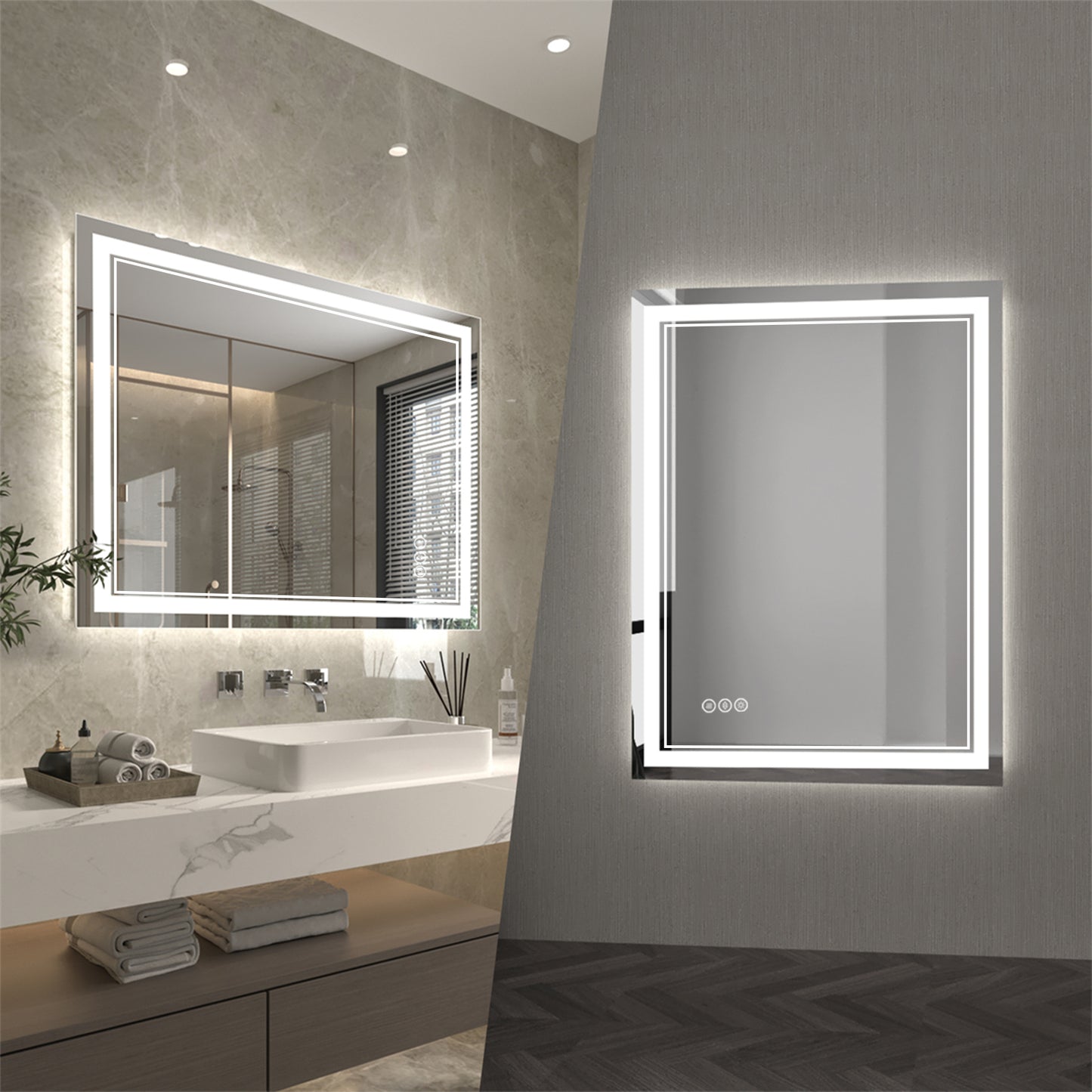 Linea 48" W x 36" H LED Heated Bathroom Mirror,Anti Fog,Dimmable,Front-Lighted and Backlit, Tempered Glass