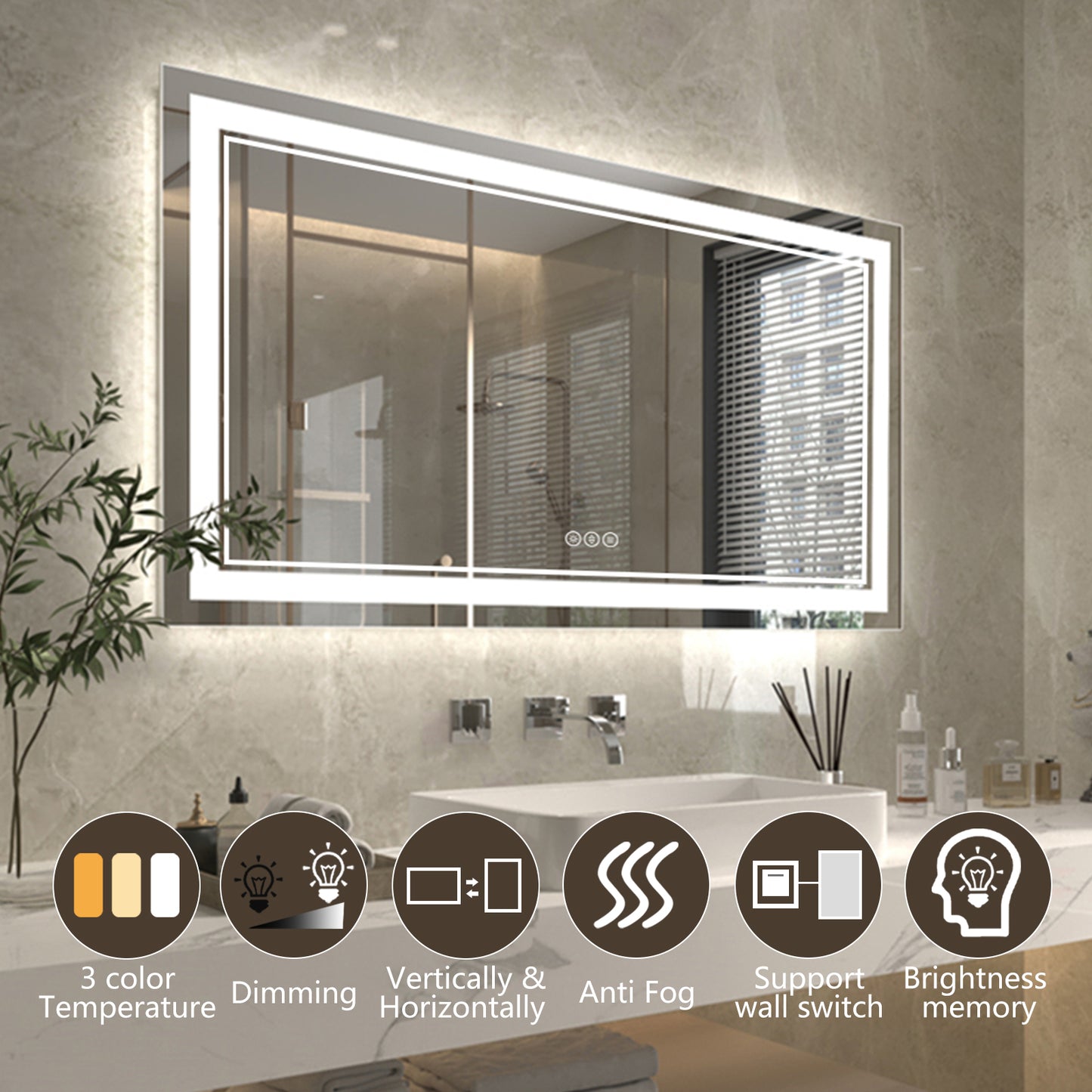 Linea 55" W x 30" H LED Heated Bathroom Mirror,Anti Fog,Dimmable,Front-Lighted and Backlit, Tempered Glass