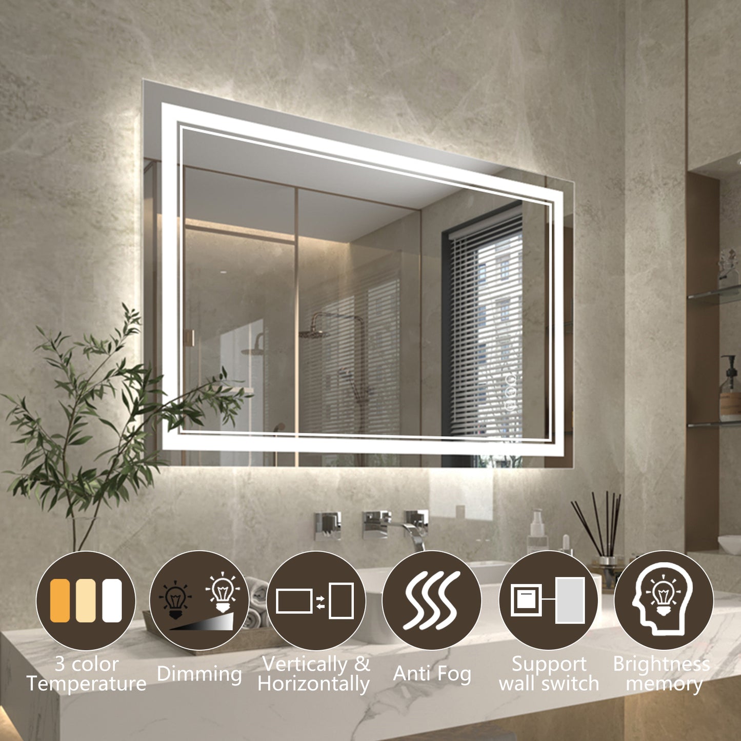Linea 48" W x 32" H LED Heated Bathroom Mirror,Anti Fog,Dimmable,Front-Lighted and Backlit, Tempered Glass