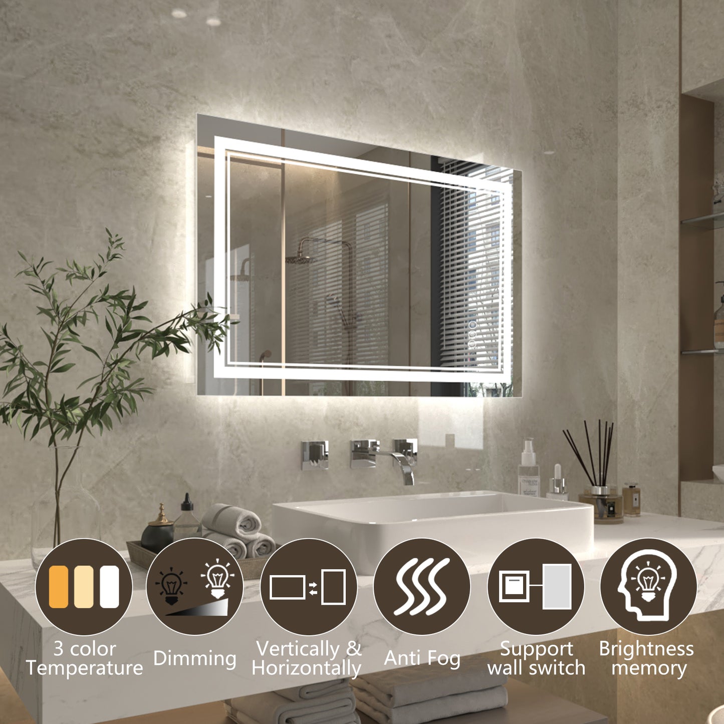 Linea 24" W x 36" H LED Heated Bathroom Mirror,Anti Fog,Dimmable,Front-Lighted and Backlit, Tempered Glass