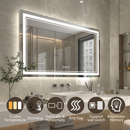 Linea 60" W x 36" H LED Heated Bathroom Mirror,Anti Fog,Dimmable,Front-Lighted and Backlit, Tempered Glass