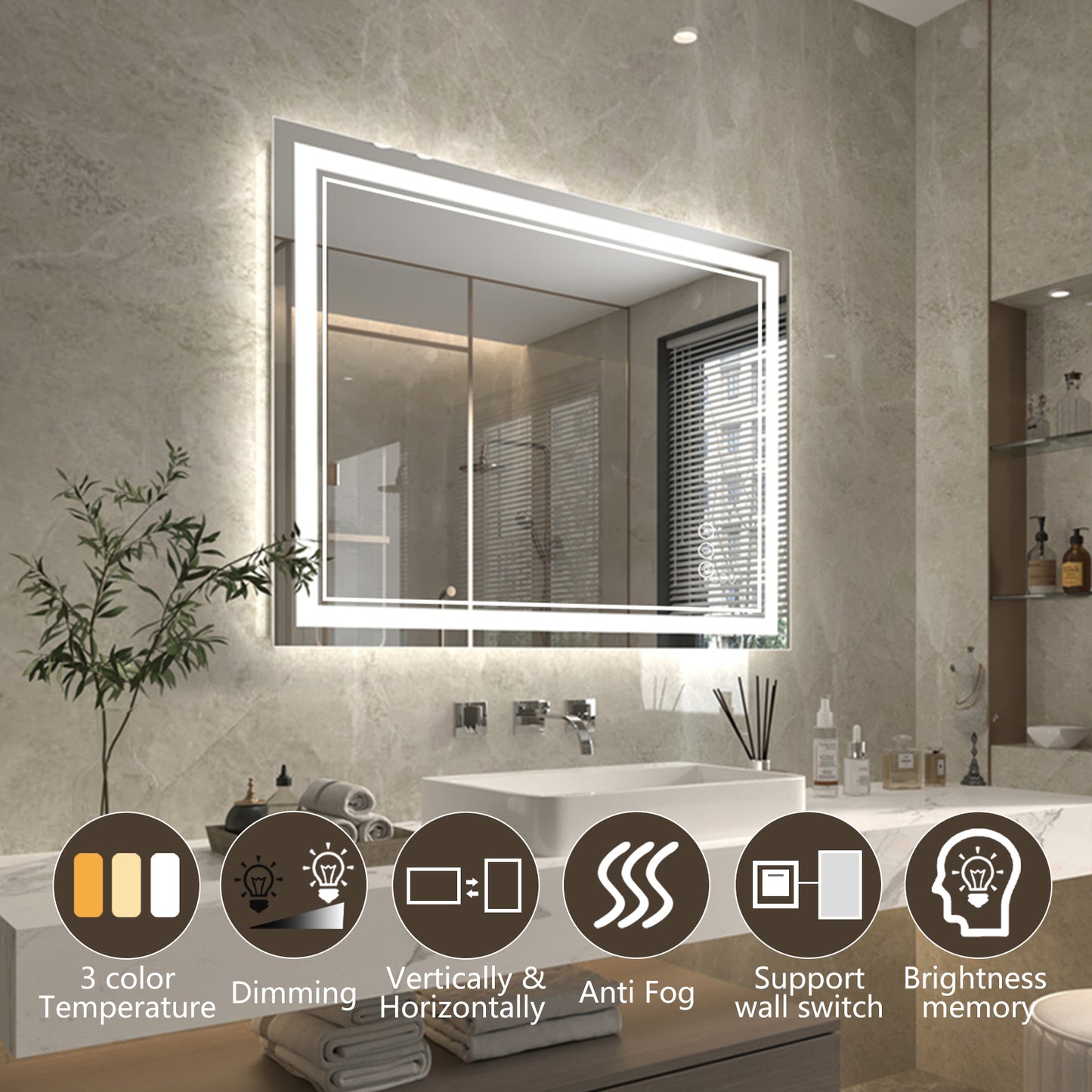 Linea 48" W x 36" H LED Heated Bathroom Mirror,Anti Fog,Dimmable,Front-Lighted and Backlit, Tempered Glass