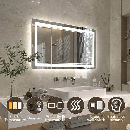 Linea 40" W x 24" H LED Heated Bathroom Mirror,Anti Fog,Dimmable,Front-Lighted and Backlit, Tempered Glass