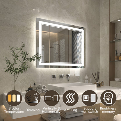 Linea 28" W x 36" H LED Heated Bathroom Mirror,Anti Fog,Dimmable,Front-Lighted and Backlit, Tempered Glass