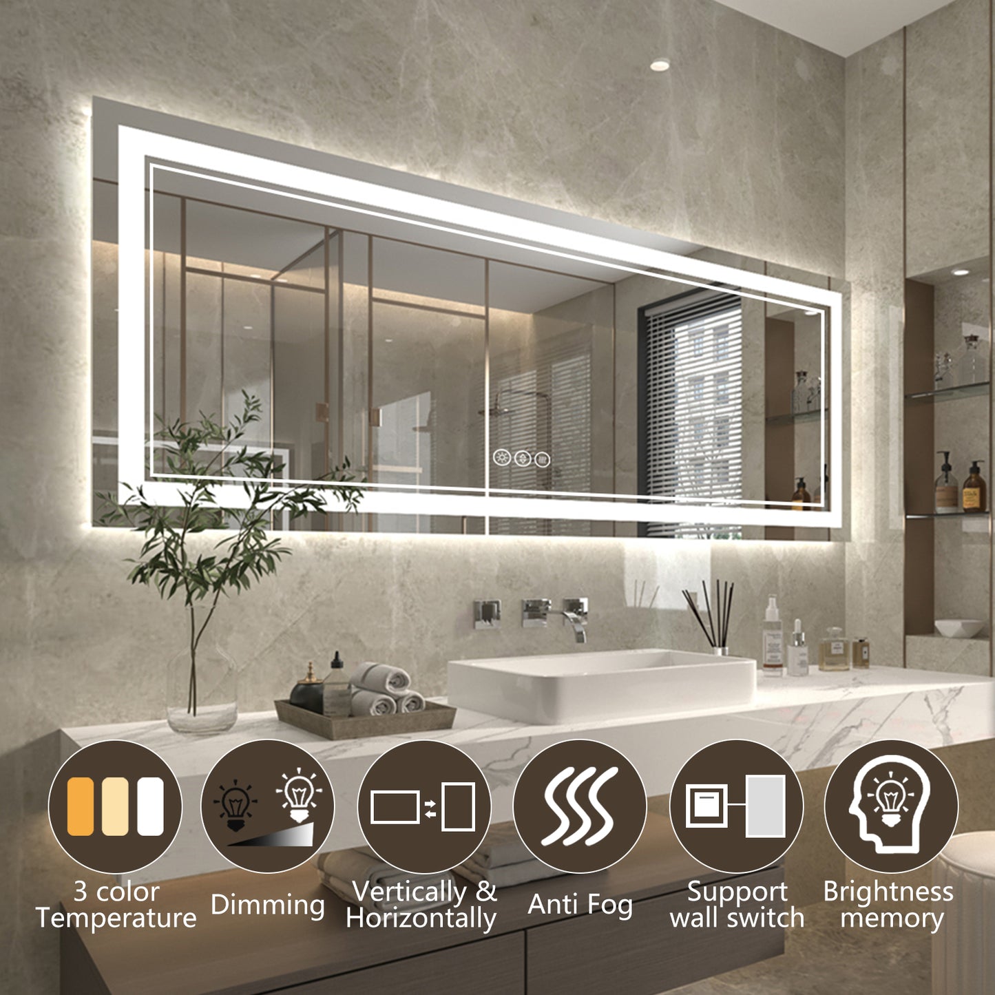 Linea 84" W x 32" H LED Heated Bathroom Mirror,Anti Fog,Dimmable,Front-Lighted and Backlit, Tempered Glass