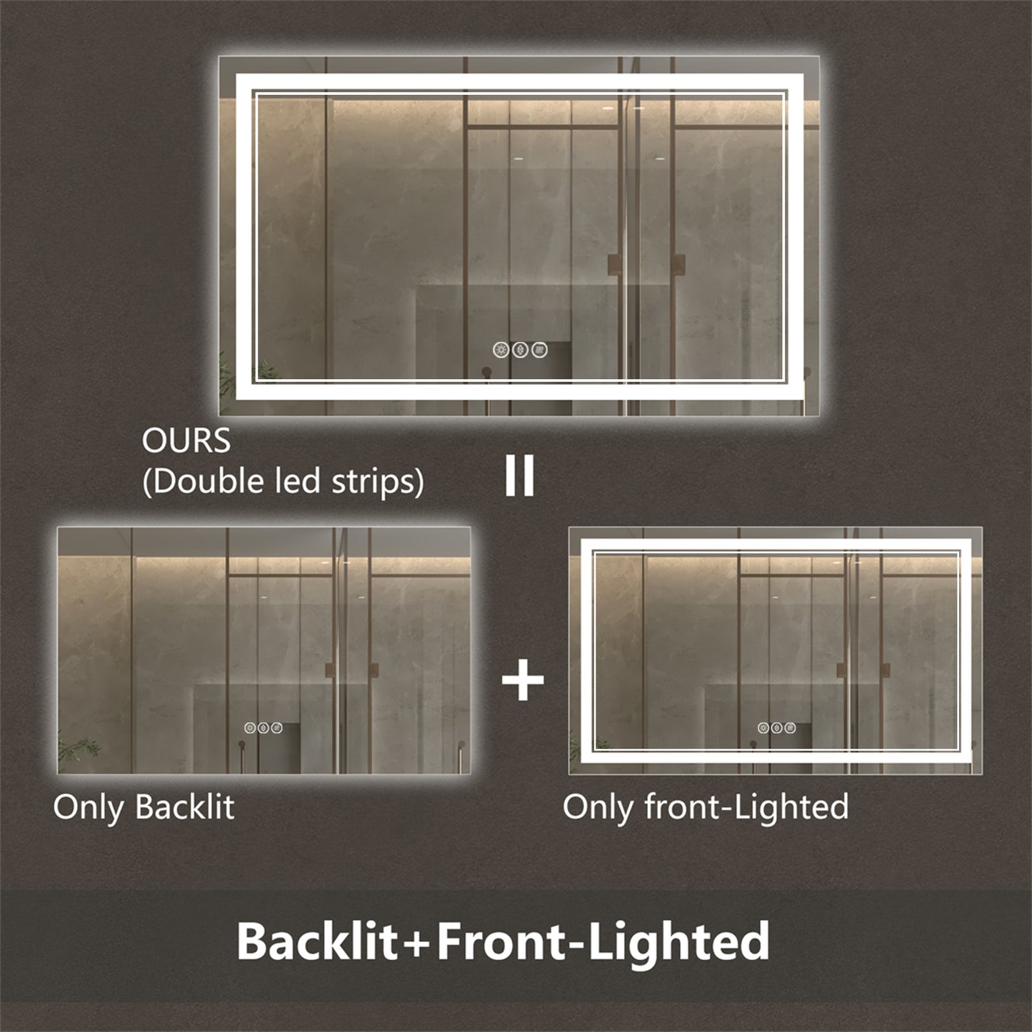 Linea 60" W x 36" H LED Heated Bathroom Mirror,Anti Fog,Dimmable,Front-Lighted and Backlit, Tempered Glass