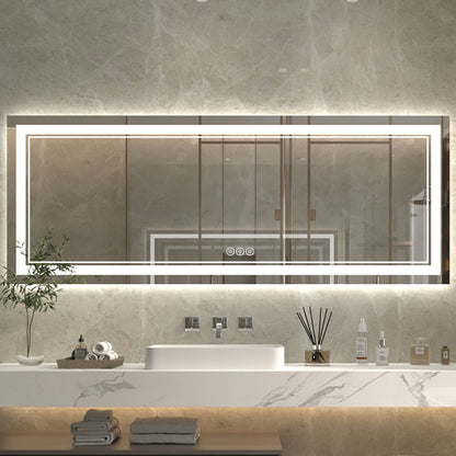 Linea 84" W x 32" H LED Heated Bathroom Mirror,Anti Fog,Dimmable,Front-Lighted and Backlit, Tempered Glass