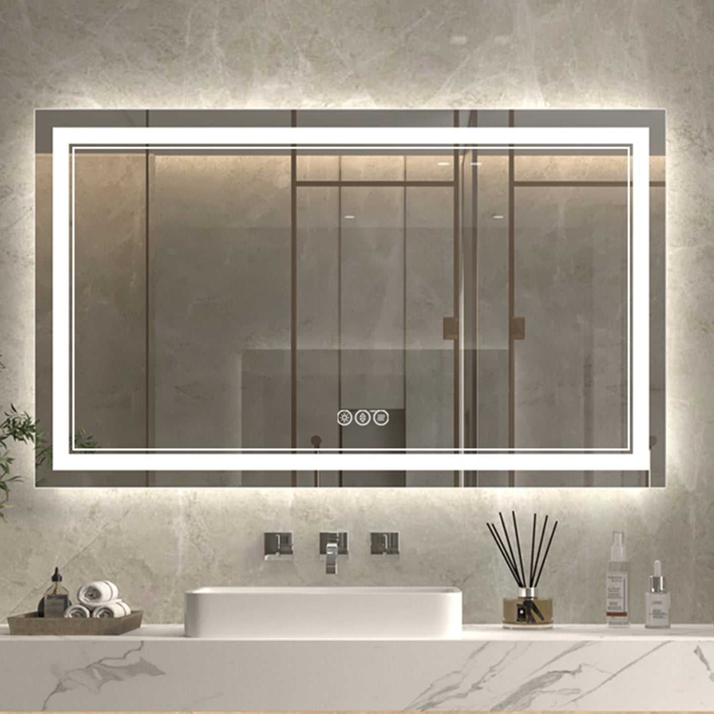 Linea 60" W x 36" H LED Heated Bathroom Mirror,Anti Fog,Dimmable,Front-Lighted and Backlit, Tempered Glass