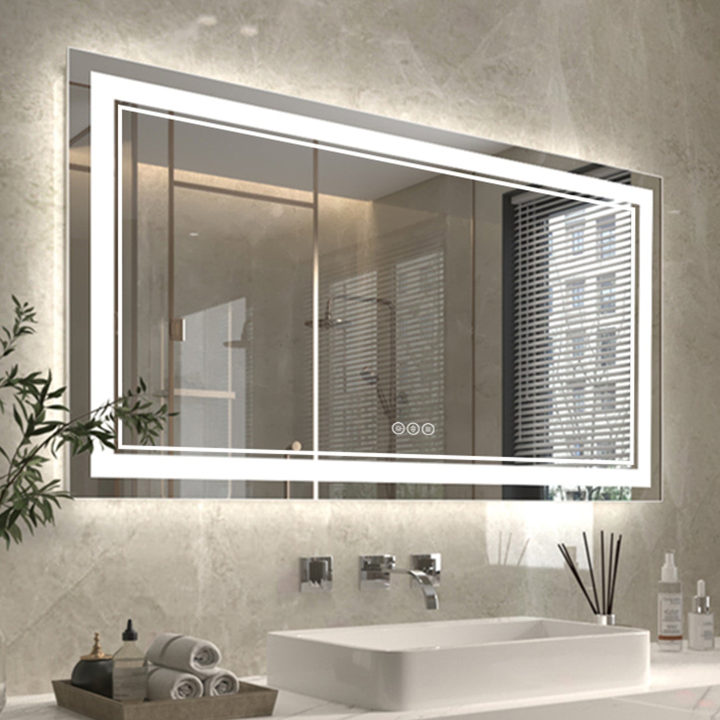 Linea 55" W x 30" H LED Heated Bathroom Mirror,Anti Fog,Dimmable,Front-Lighted and Backlit, Tempered Glass