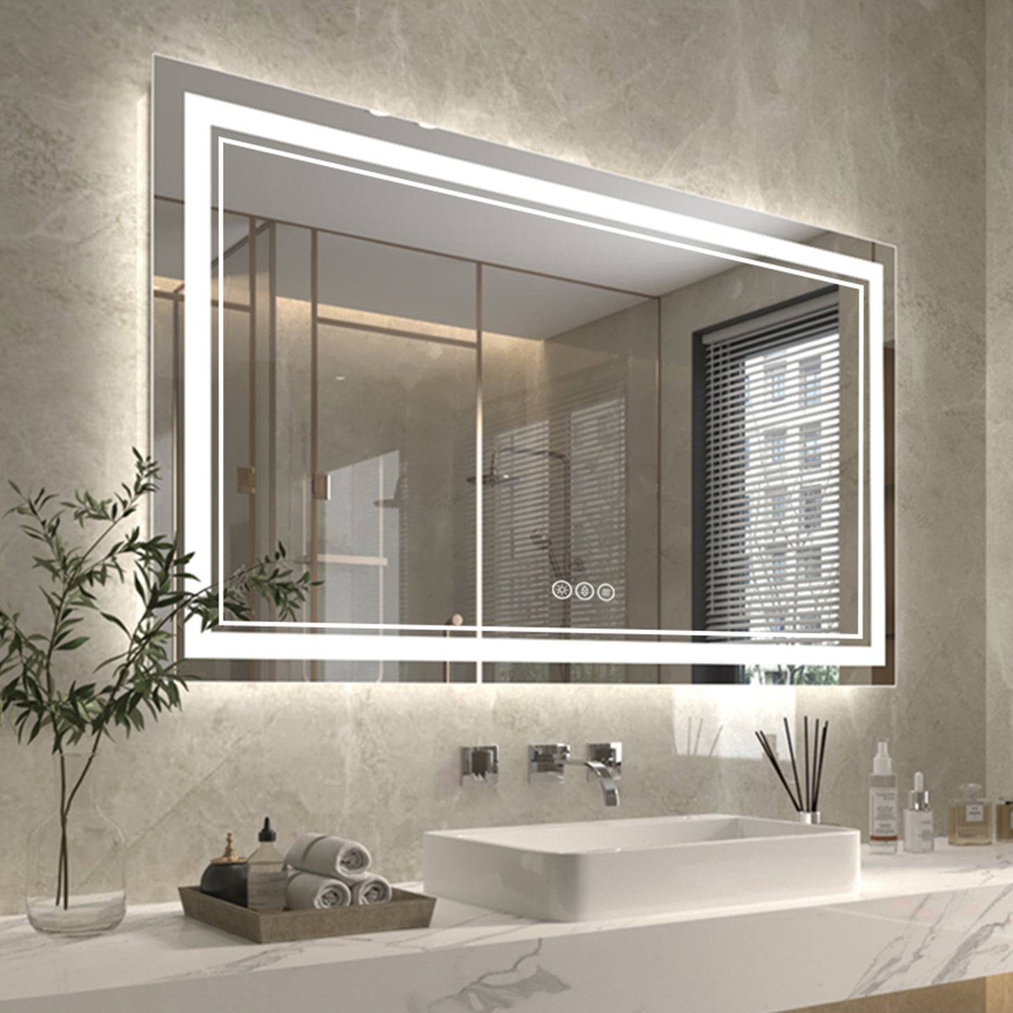 Linea 60" W x 36" H LED Heated Bathroom Mirror,Anti Fog,Dimmable,Front-Lighted and Backlit, Tempered Glass