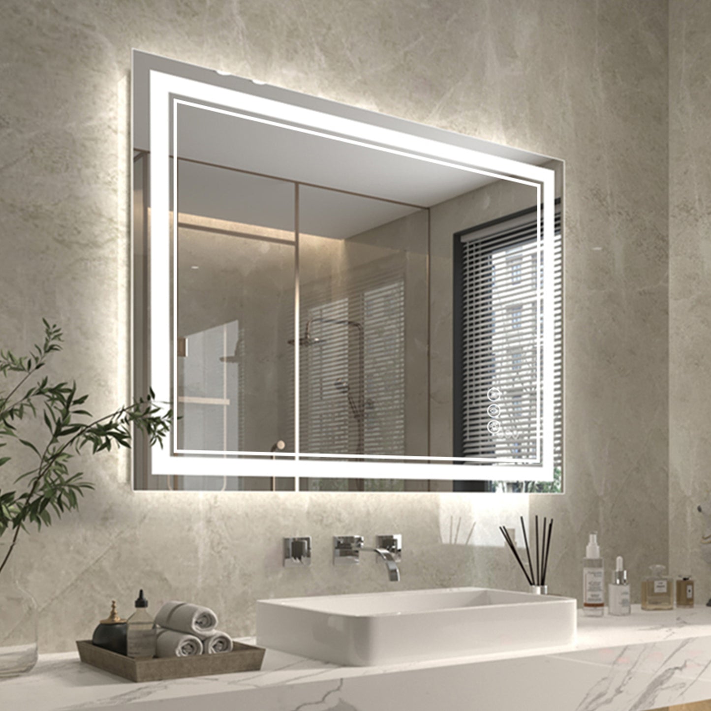 Linea 48" W x 36" H LED Heated Bathroom Mirror,Anti Fog,Dimmable,Front-Lighted and Backlit, Tempered Glass