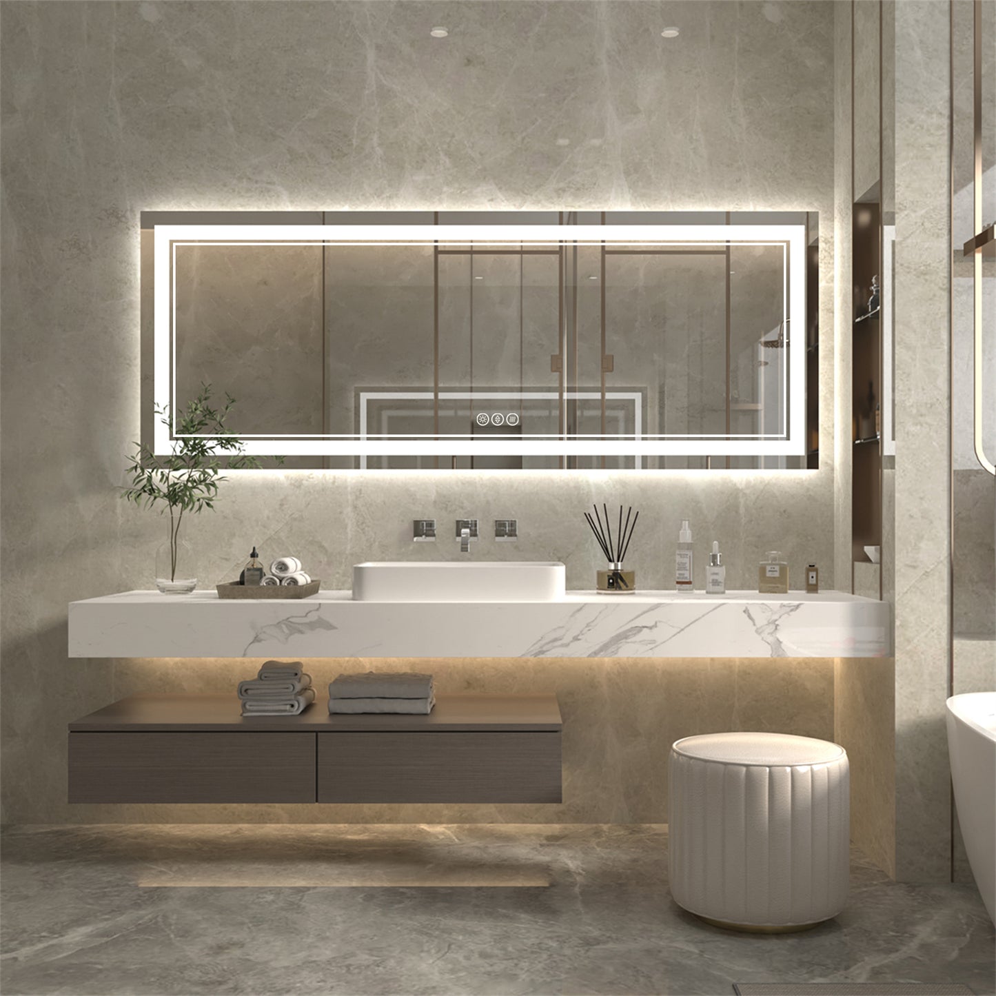 Linea 84" W x 32" H LED Heated Bathroom Mirror,Anti Fog,Dimmable,Front-Lighted and Backlit, Tempered Glass