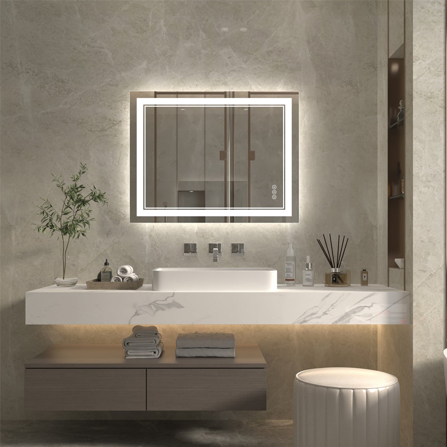 Linea 28" W x 36" H LED Heated Bathroom Mirror,Anti Fog,Dimmable,Front-Lighted and Backlit, Tempered Glass