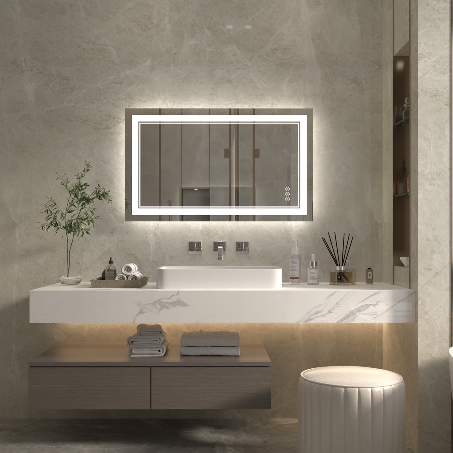 Linea 40" W x 24" H LED Heated Bathroom Mirror,Anti Fog,Dimmable,Front-Lighted and Backlit, Tempered Glass