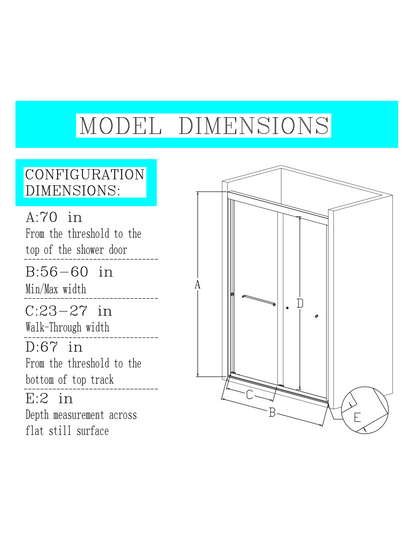 Catalyst 56-60in.W x 70in.H Semi-Frameless Sliding Door,6mm Tempered Glass Door,Matte Black,Double Sliding Glass Shower Enclosure