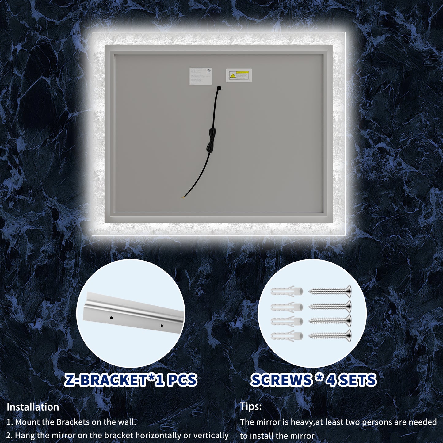 Glacy Series 40" x 32" Rectangle LED Bathroom Mirror – Ice Textures Edge, Smart Dimming, Defogger, ETL Certified