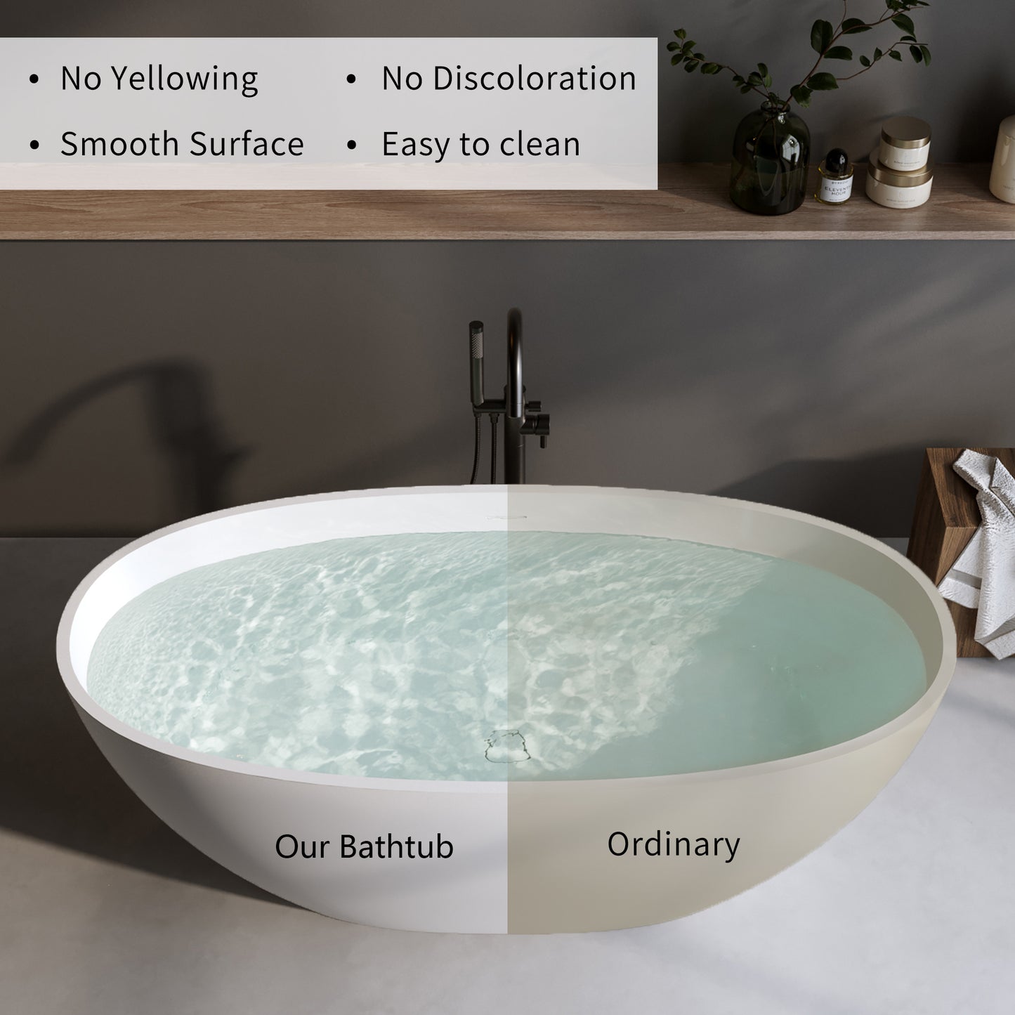 Exbrite 59'' Solid Surface Matte Tub, Solid Surface Soaking Tub, Stone Resin Freestanding Bathtub,Pop-up Drain, Matte White,Oval