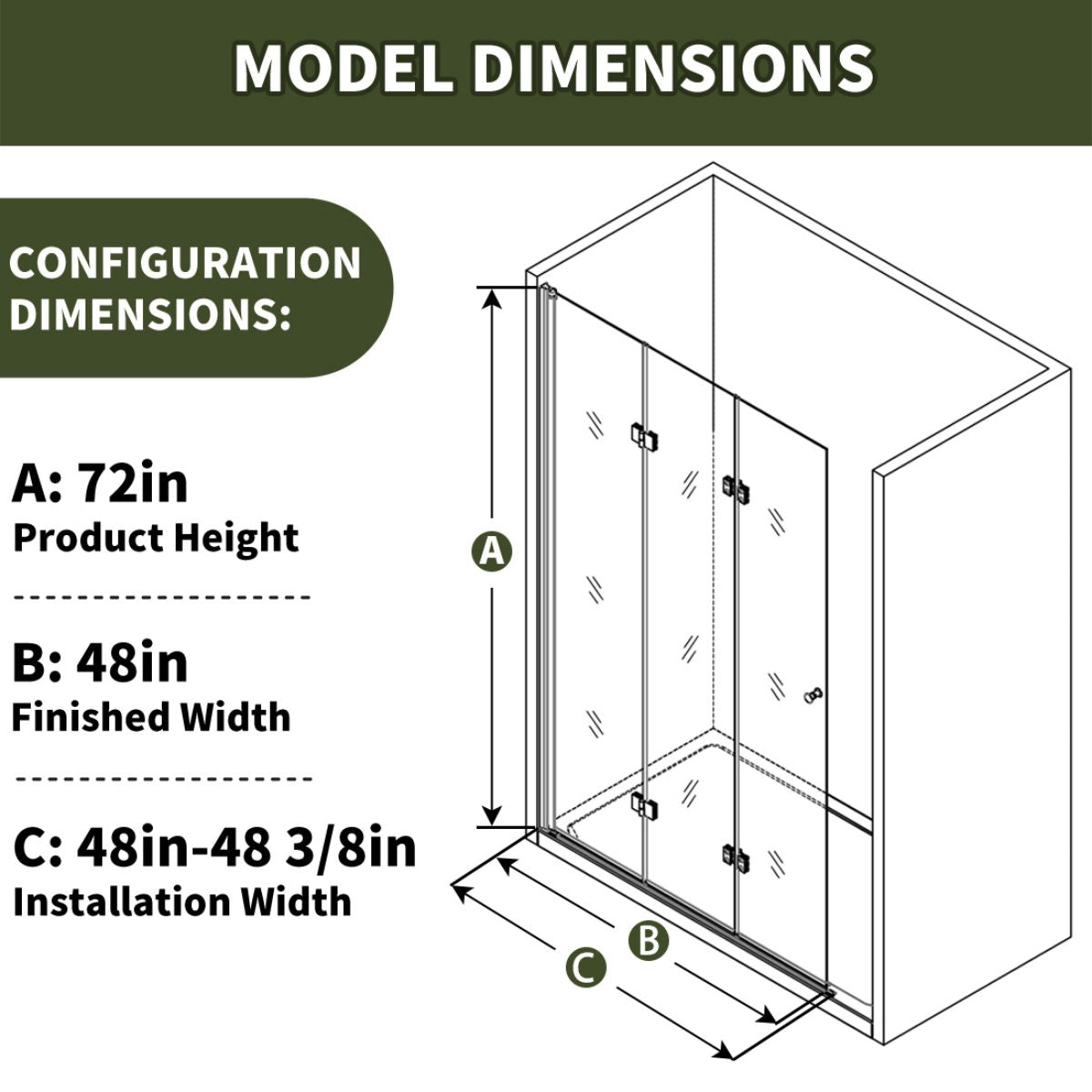 Adapt 48 - 48.3" W x 72" H Bi - Fold Glass Shower Door,Matte Black,0.25inch Fold Clear Glass Shower Panel Pivot Swing Frameless Shower Doors