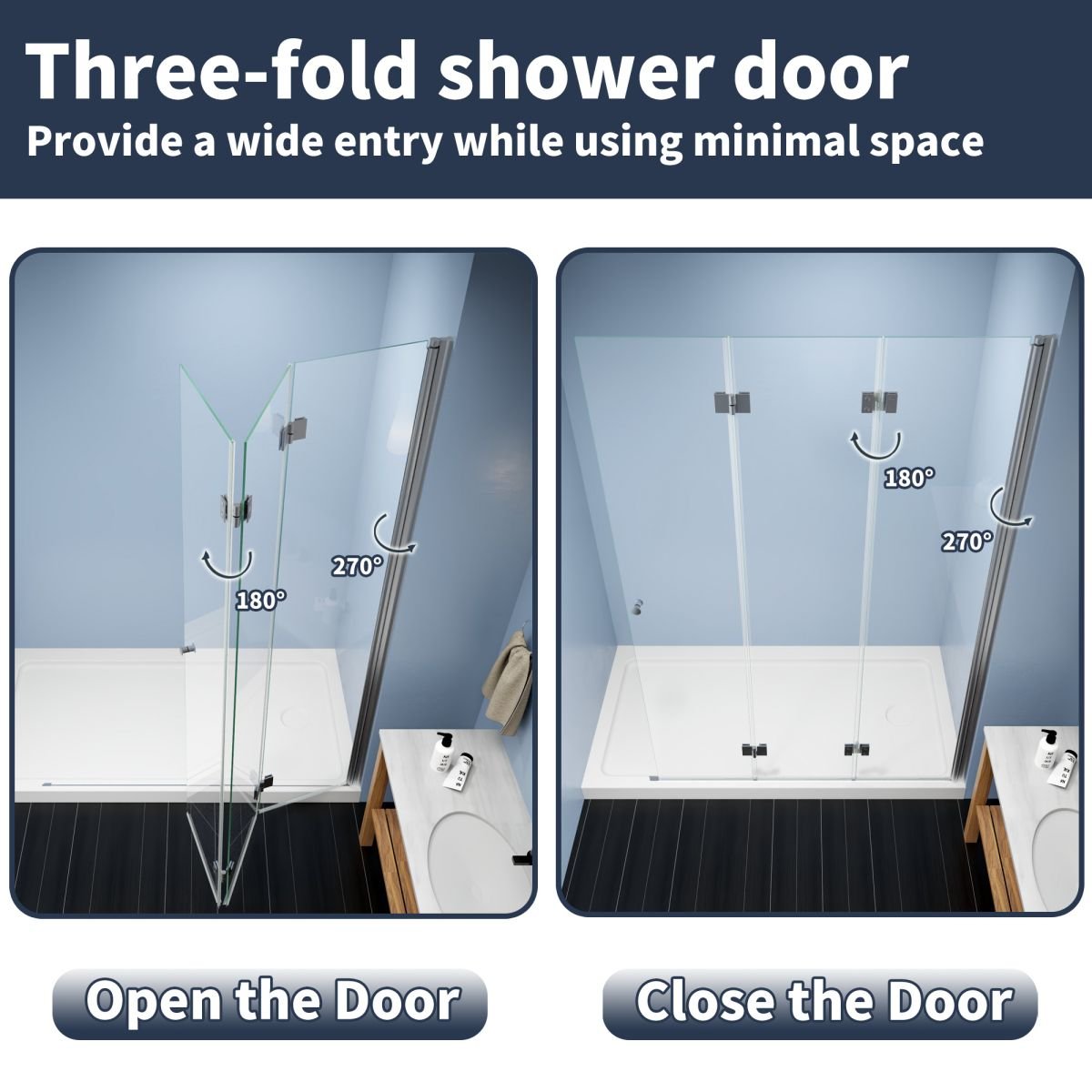 Adapt 48 - 48.3" W x 72" H Tri - fold Shower Doors Frameless Bifold Shower Door Screen,Tempered Coating Glass Panel,Chrome