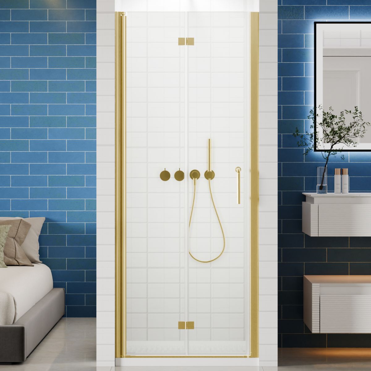 Exbrite Adapt Foldable Hinged Bathtub Glass Door 30-31 in.W x 72 in.H Pivot Swing Shower Doors,Brushed Gold,Tempered Shower Glass