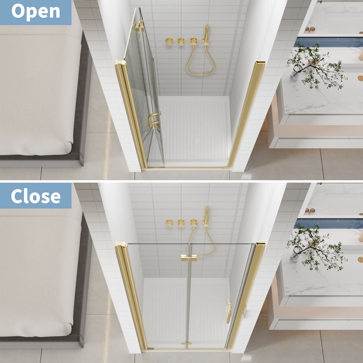 Exbrite Adapt Foldable Hinged Bathtub Glass Door 30-31 in.W x 72 in.H Pivot Swing Shower Doors,Brushed Gold,Tempered Shower Glass