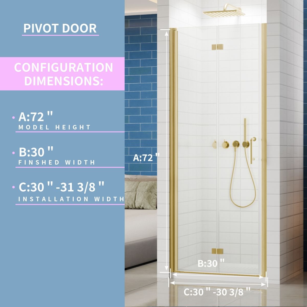 Exbrite Adapt Foldable Hinged Bathtub Glass Door 30-31 in.W x 72 in.H Pivot Swing Shower Doors,Brushed Gold,Tempered Shower Glass