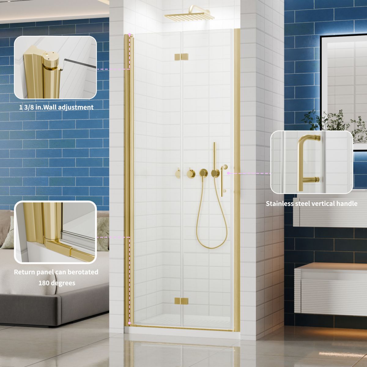 Exbrite Adapt Foldable Hinged Bathtub Glass Door 30-31 in.W x 72 in.H Pivot Swing Shower Doors,Brushed Gold,Tempered Shower Glass