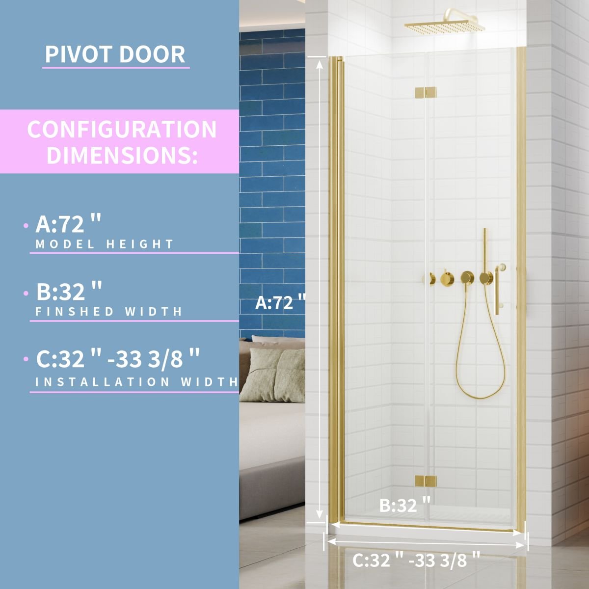 Exbrite Adapt Foldable Hinged Bathtub Glass Door 32-33 in.W x 72 in.H Pivot Swing Shower Doors,Brushed Gold,Tempered Shower Glass