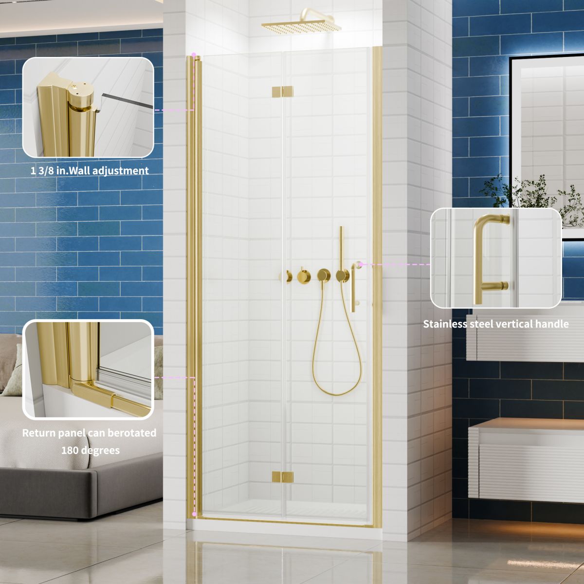 Exbrite Adapt Foldable Hinged Bathtub Glass Door 32-33 in.W x 72 in.H Pivot Swing Shower Doors,Brushed Gold,Tempered Shower Glass