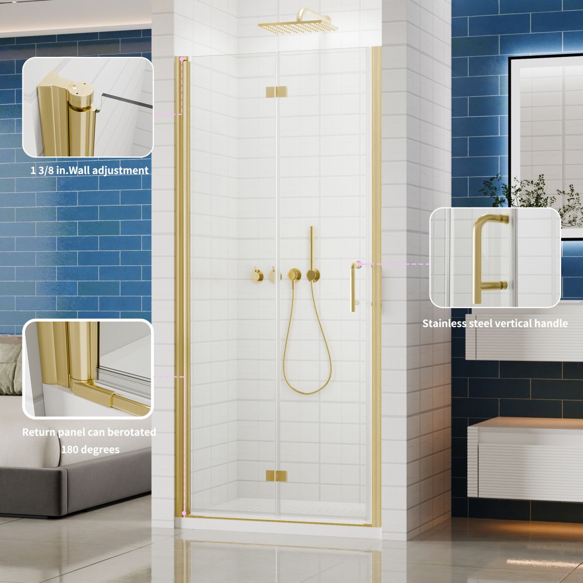 Exbrite Adapt Foldable Hinged Bathtub Glass Door 34-35 in.W x 72 in.H Pivot Swing Shower Doors,Brushed Gold,Clear Tempered Glass