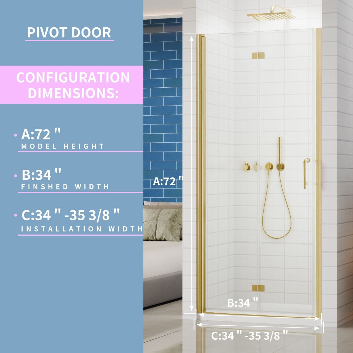 Exbrite Adapt Foldable Hinged Bathtub Glass Door 34-35 in.W x 72 in.H Pivot Swing Shower Doors,Brushed Gold,Clear Tempered Glass