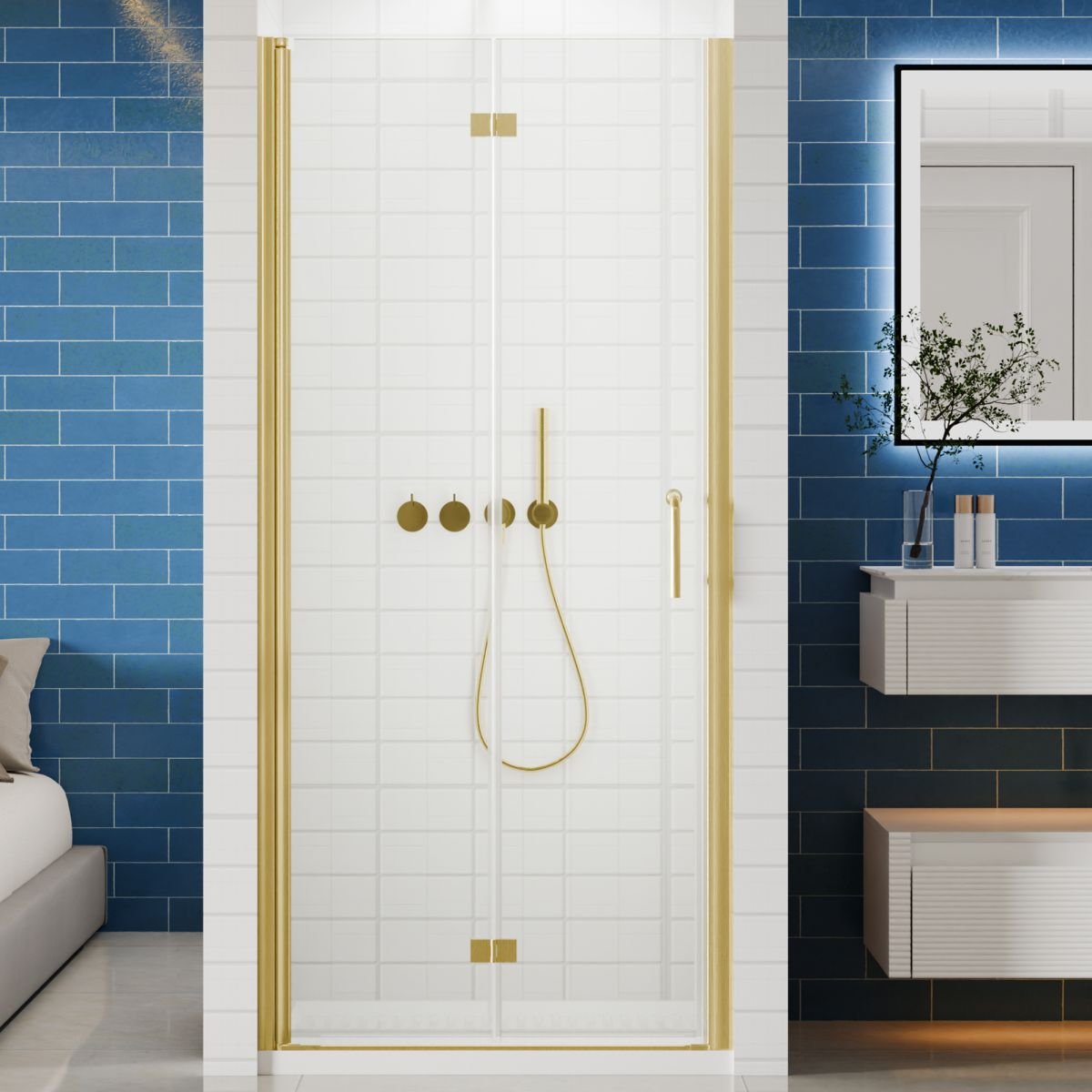 Exbrite Adapt Foldable Hinged Bathtub Glass Door 34-35 in.W x 72 in.H Pivot Swing Shower Doors,Brushed Gold,Clear Tempered Glass