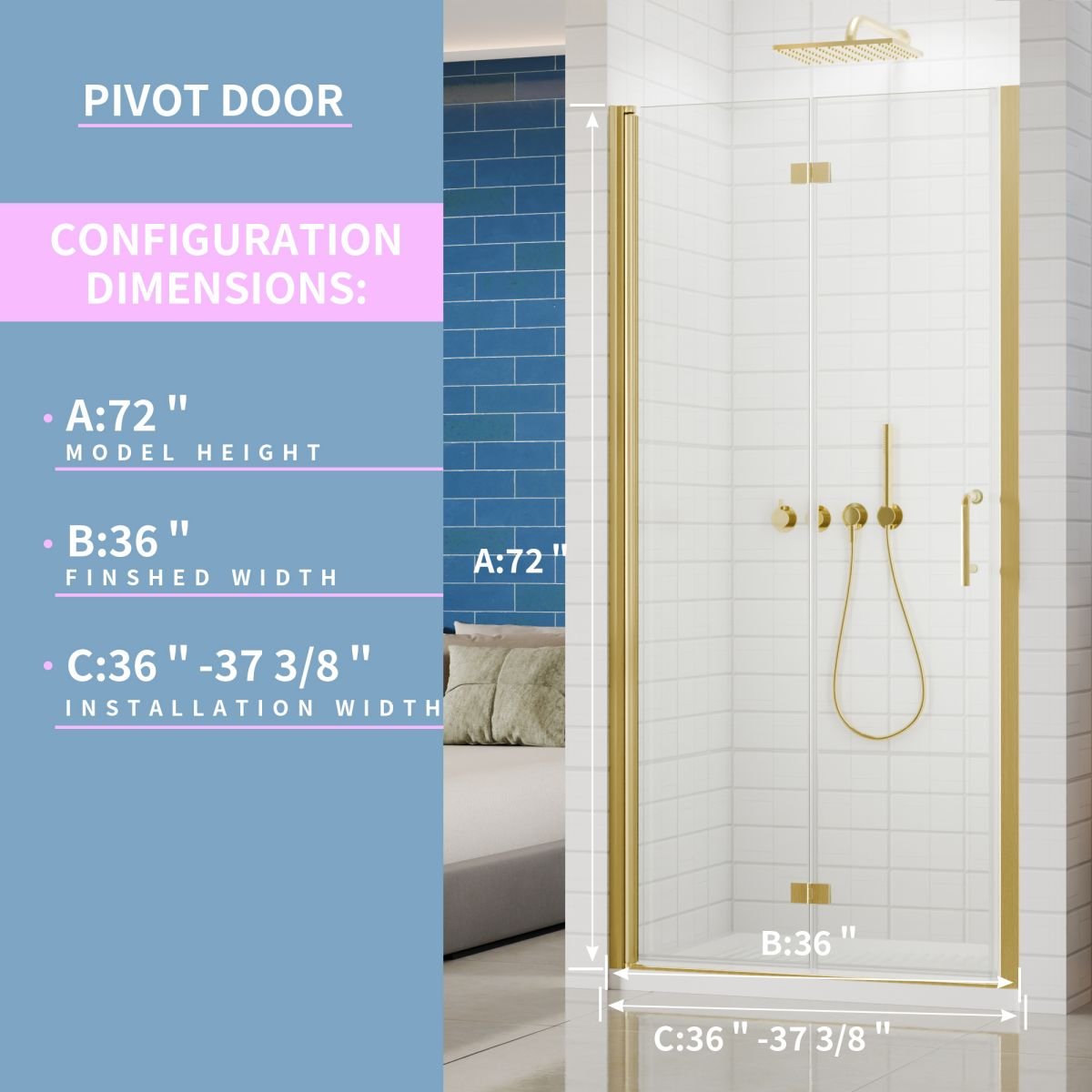 Exbrite Adapt Foldable Hinged Bathtub Glass Door 36-37 in.W x 72 in.H Pivot Swing Shower Doors,Brushed Gold,Clear Tempered Glass