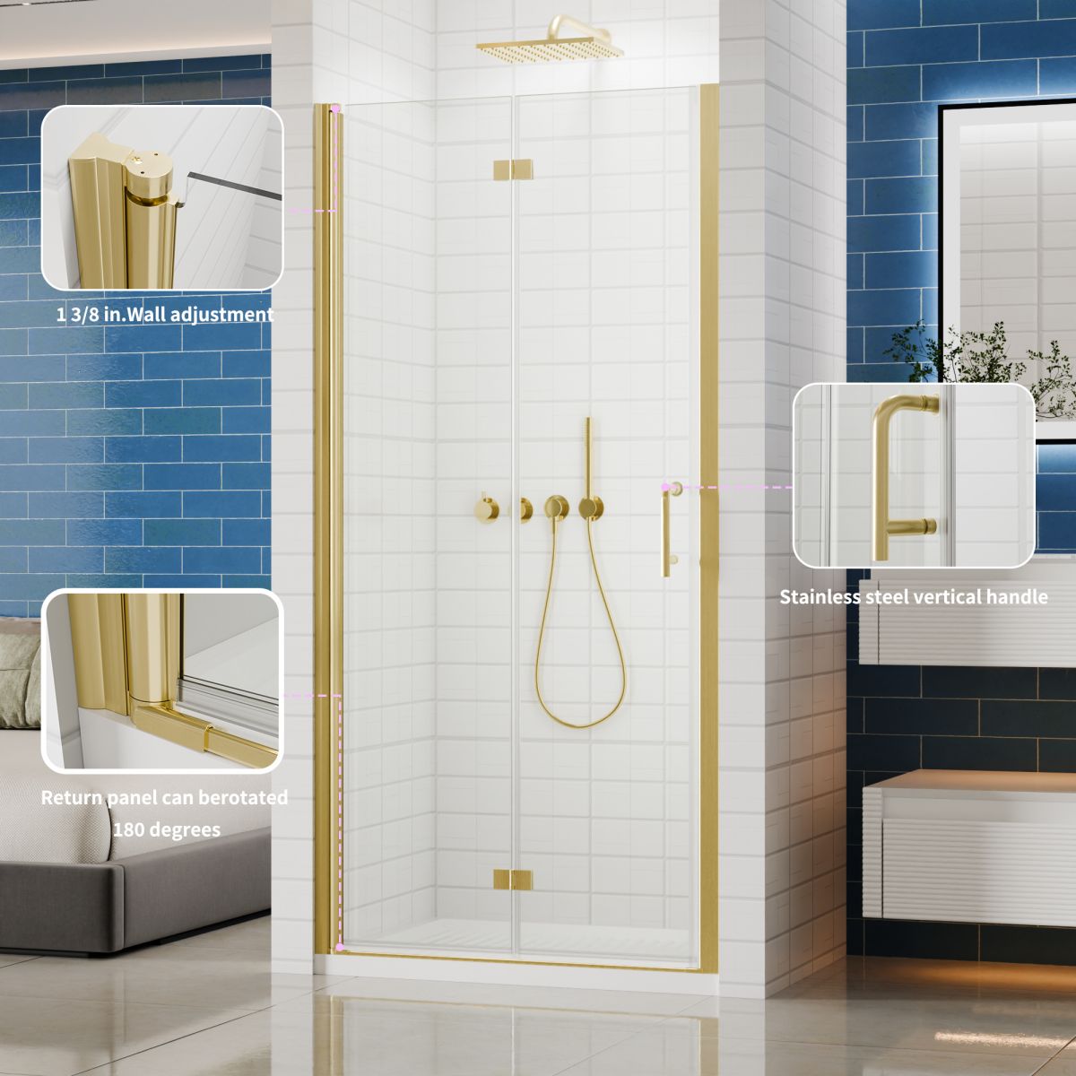 Exbrite Adapt Foldable Hinged Bathtub Glass Door 36-37 in.W x 72 in.H Pivot Swing Shower Doors,Brushed Gold,Clear Tempered Glass