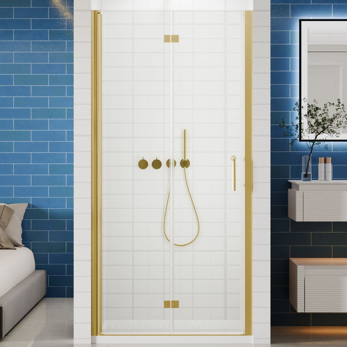 Exbrite Adapt Foldable Hinged Bathtub Glass Door 36-37 in.W x 72 in.H Pivot Swing Shower Doors,Brushed Gold,Clear Tempered Glass