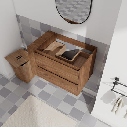 Allsumhome 30" Wall Mounting Floating Bathroom Vanity, Soft Close Drawer,Brown Oak Finish(Only Vanity, Without Basin)