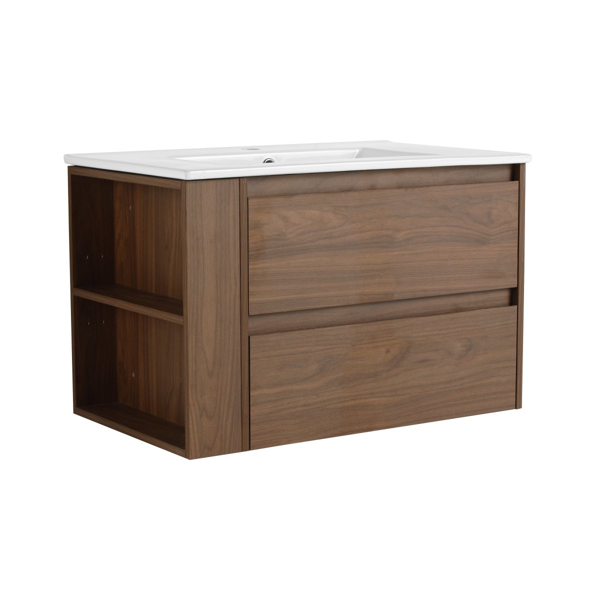 Allsumhome 30" Wall Mounting Floating Bathroom Vanity With Ceramic Sink,Brown Oak Finish,2 - Soft Close Drawer